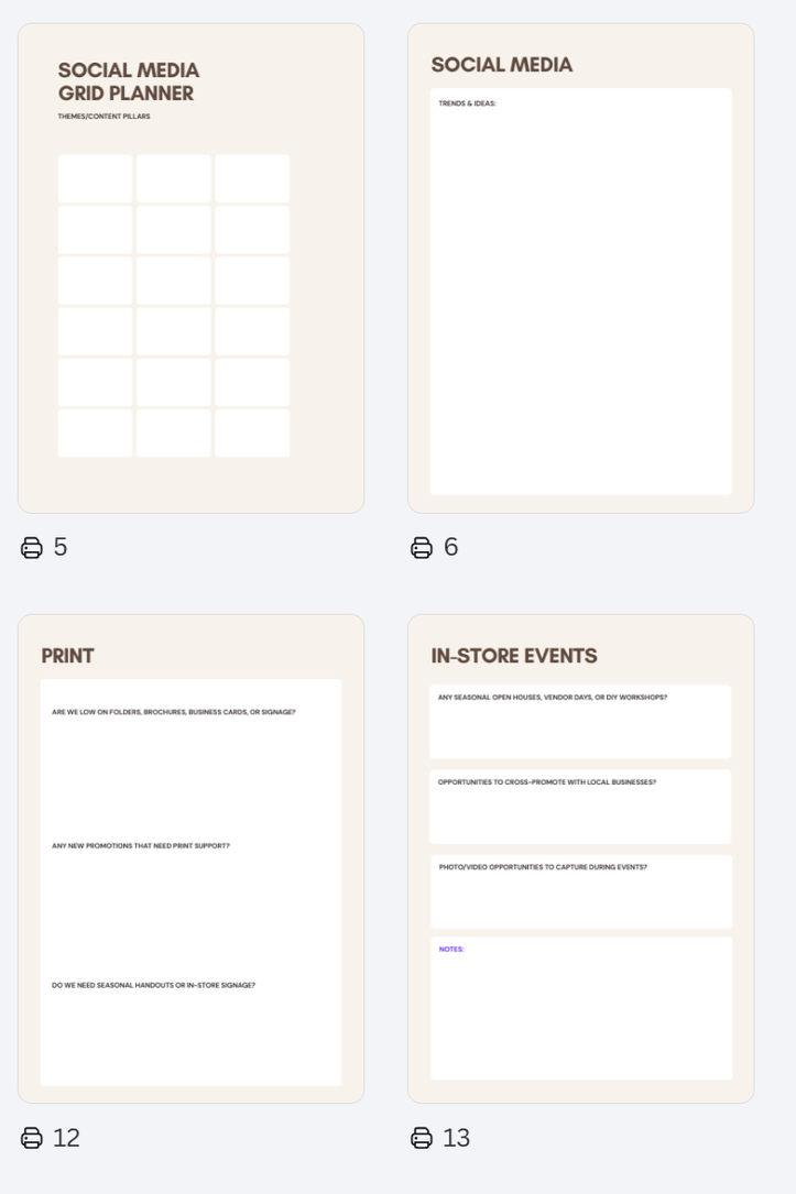 Monthly marketing plan template outlining campaigns and priorities.