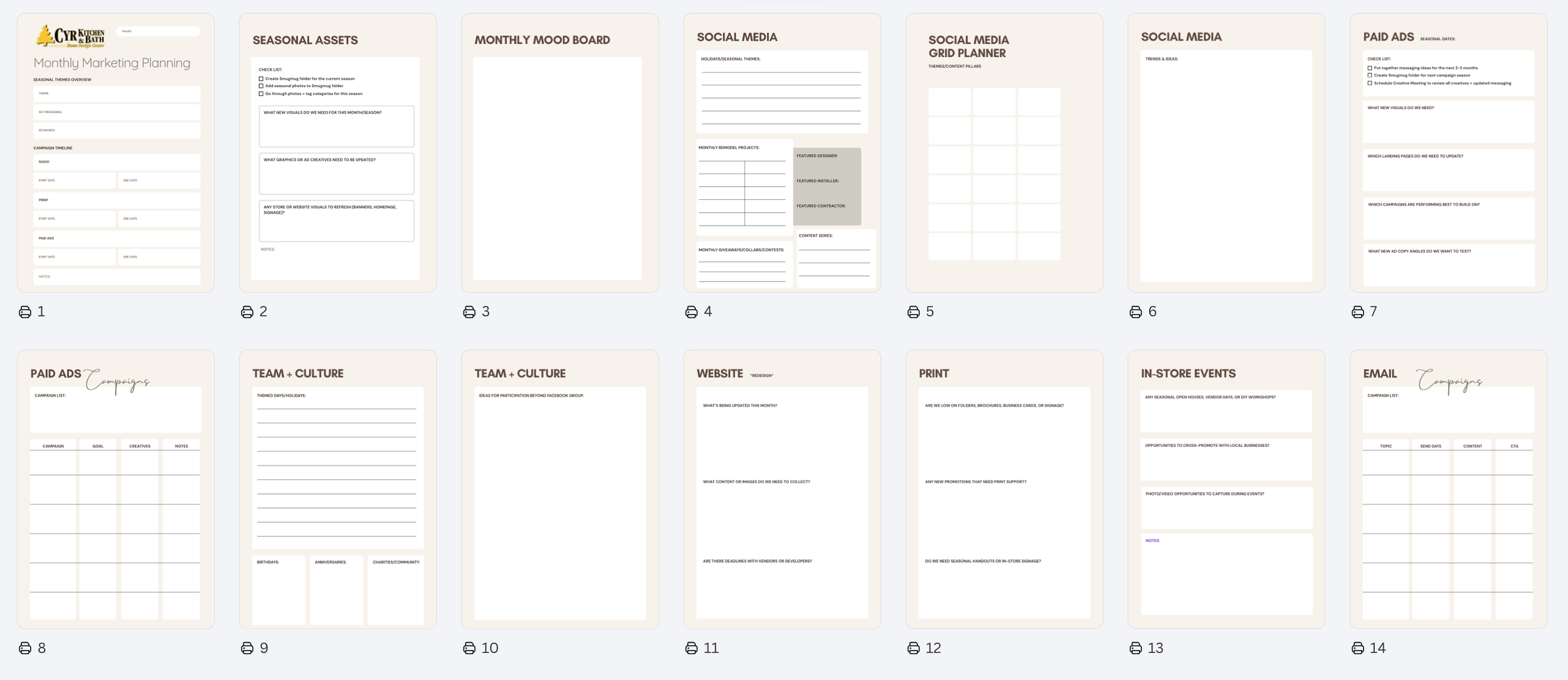 Monthly marketing plan template outlining campaigns and priorities.