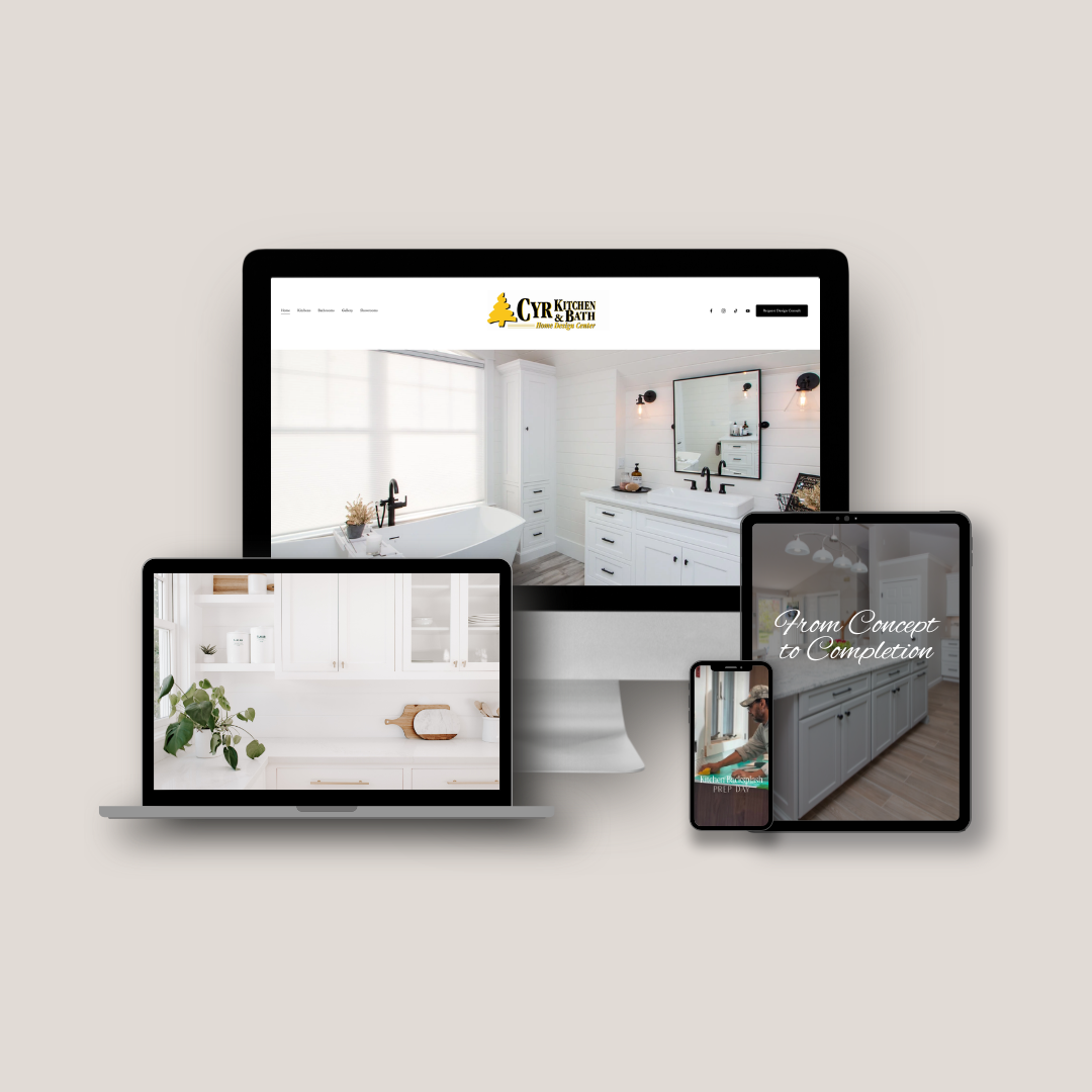 Cyr Kitchen & Bath marketing content displayed across website and mobile devices.