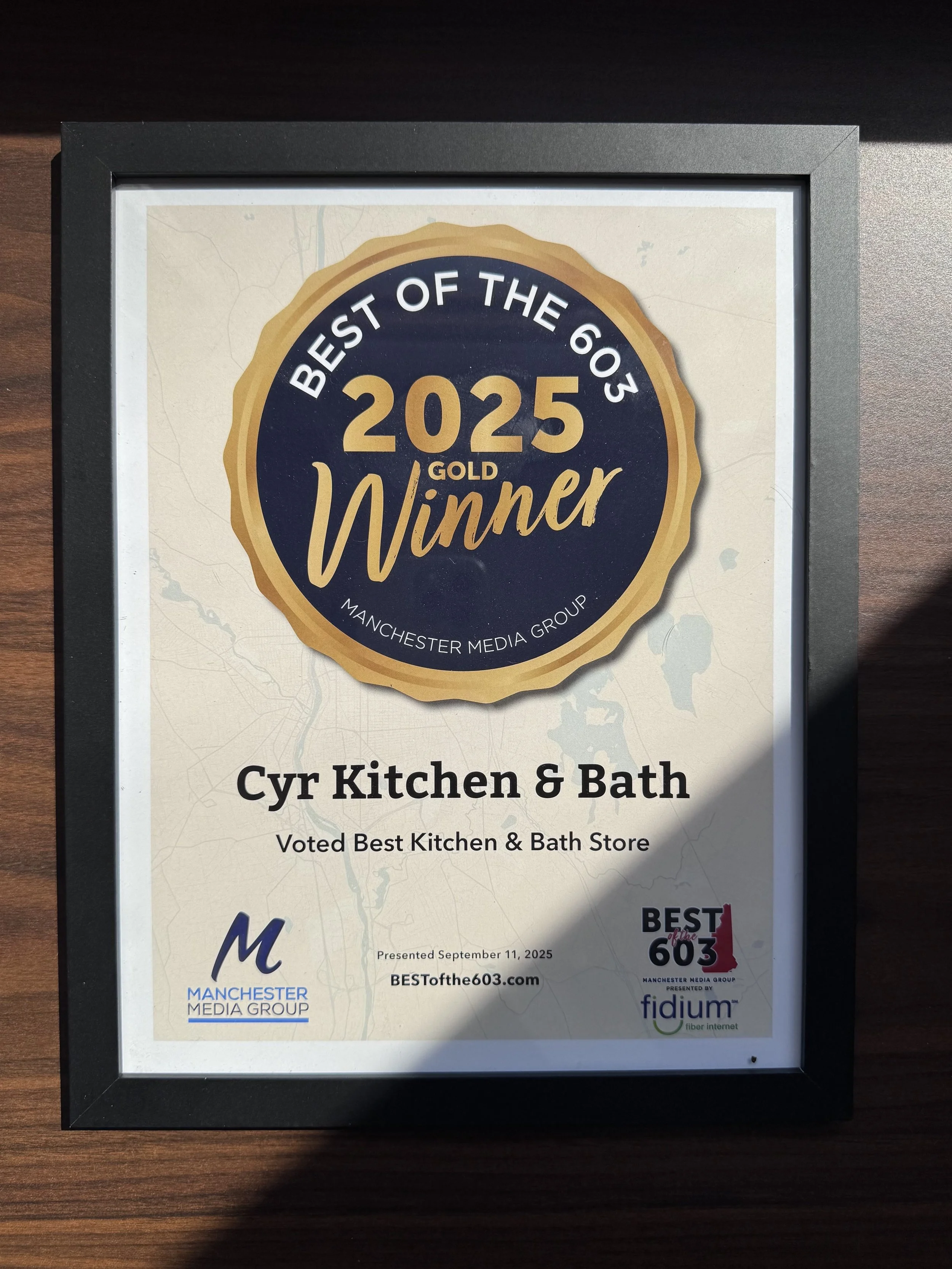 Cyr Kitchen & Bath Best of the 603 award certificate for number one kitchen and bath store