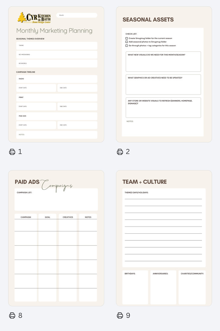 Monthly marketing plan template outlining campaigns and priorities.