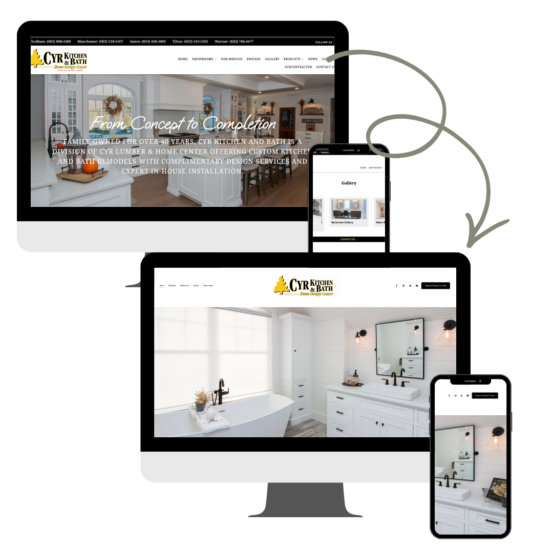 Before and after website redesign for Cyr Kitchen & Bath shown on desktop mockup.