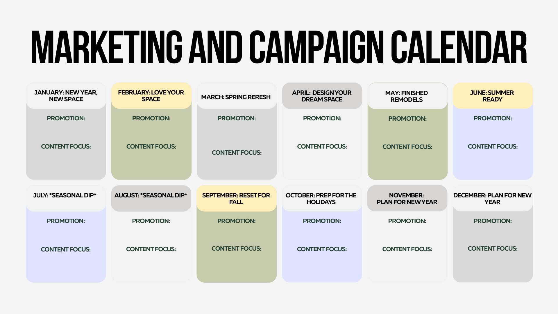 Marketing campaign calendar template organized by month for planning promotions.