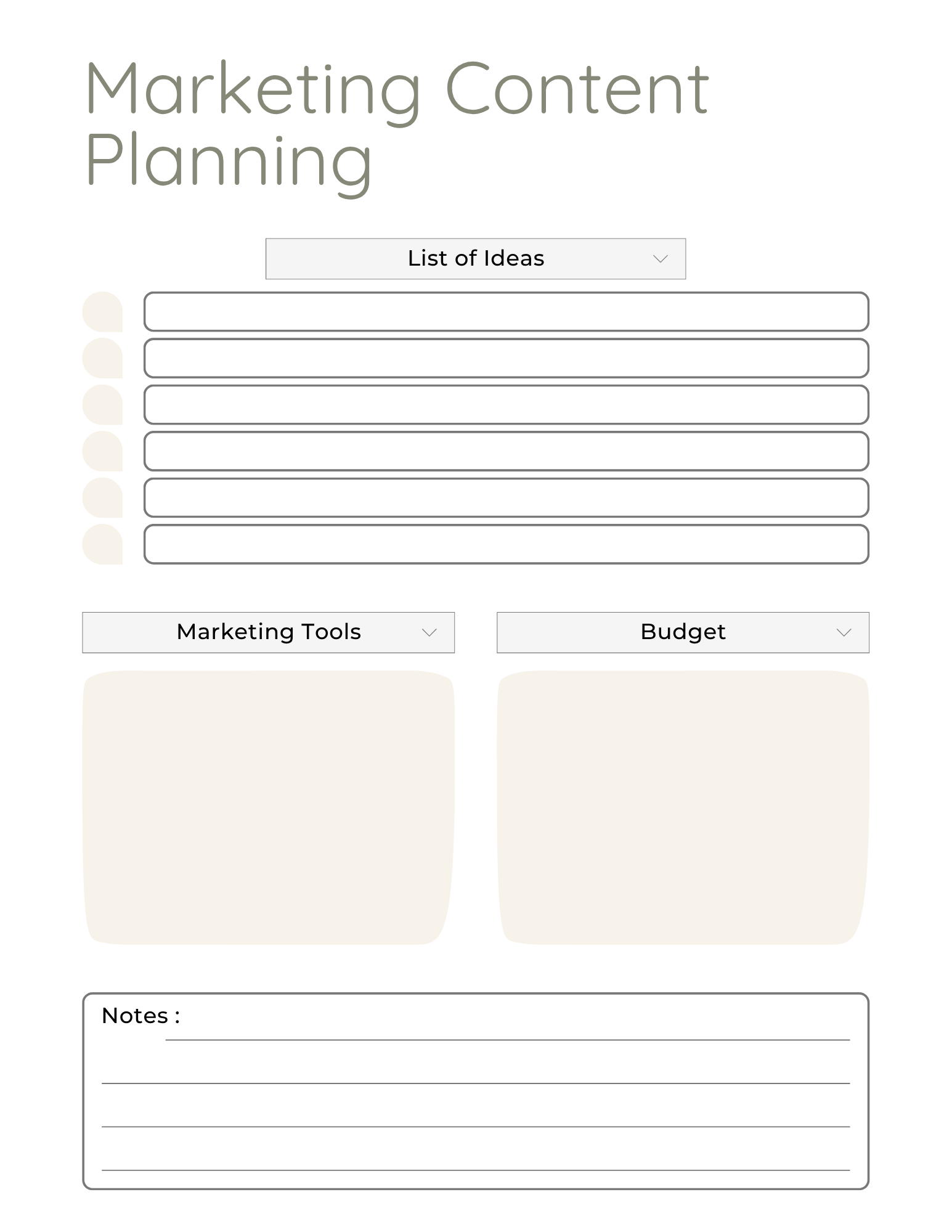 Marketing content planning sheet used to organize ideas and campaigns.