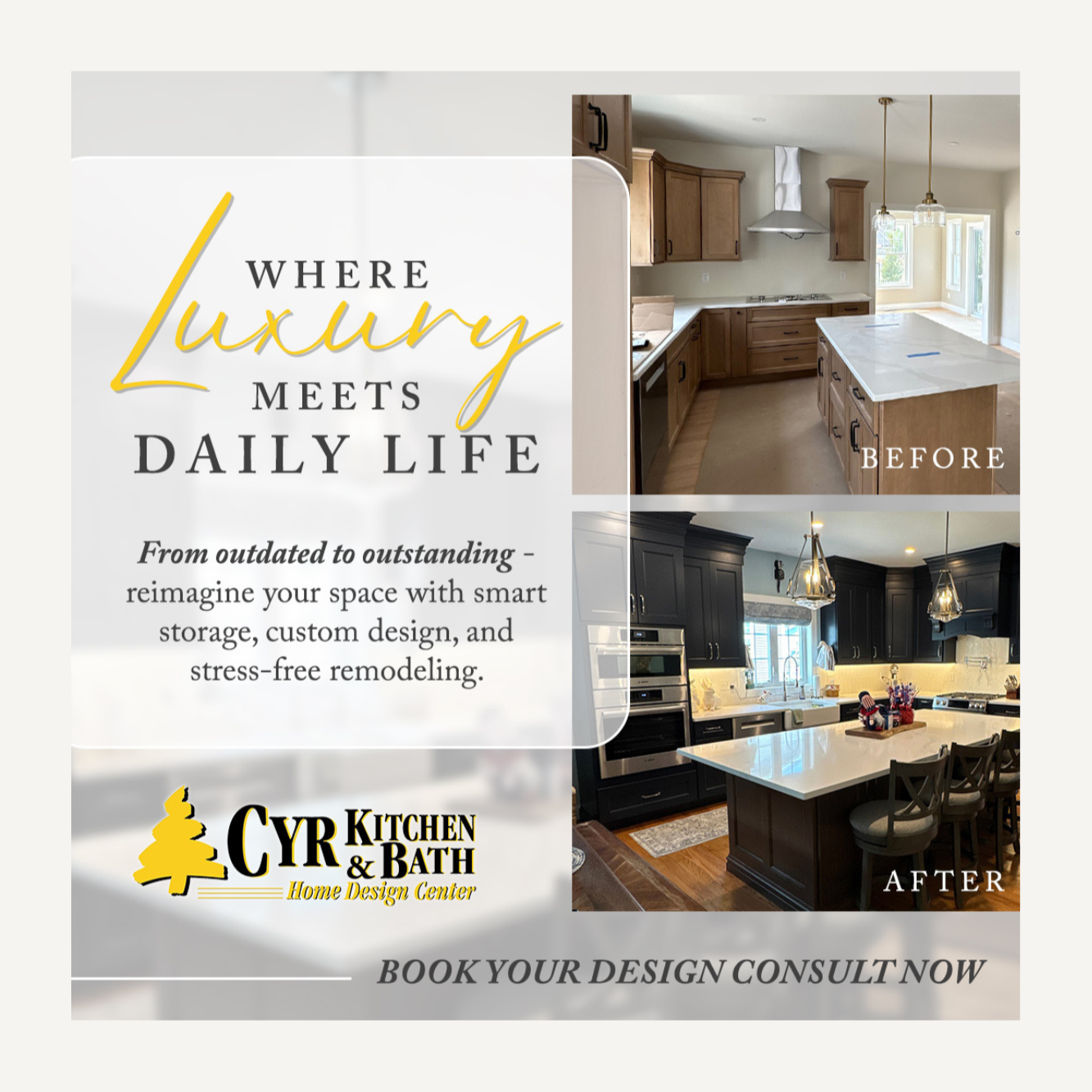 Updated Cyr Kitchen & Bath ad design after brand refresh with modern layout and messaging.