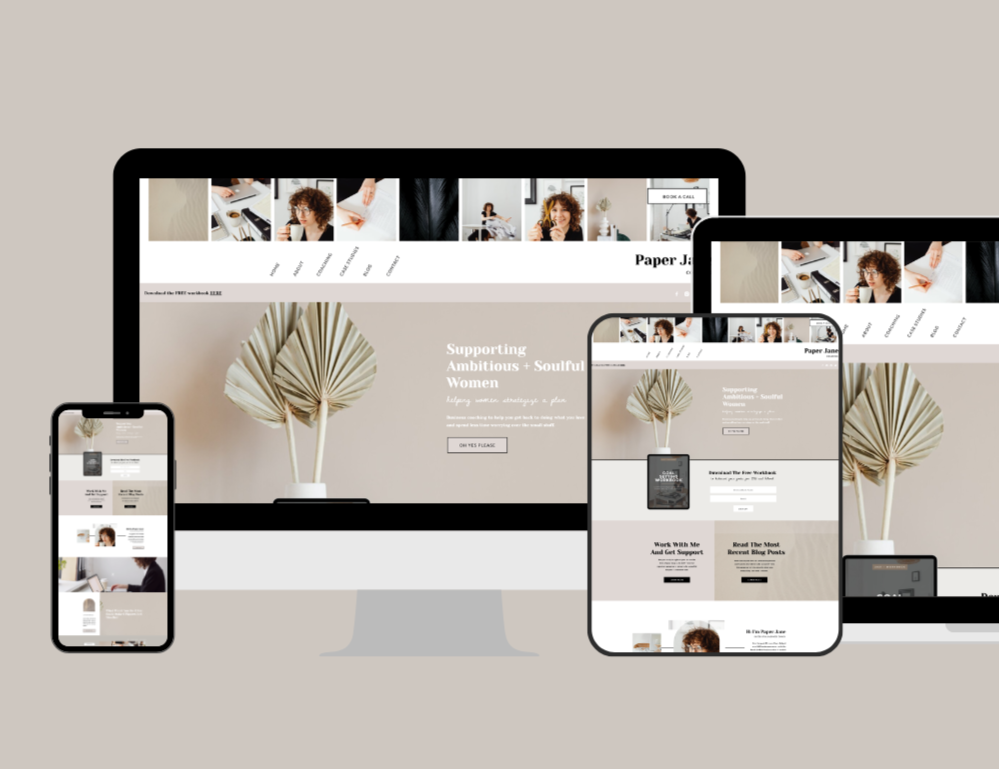 Multiple devices displaying a website with a beige and white theme, featuring a dried palm leaf in a vase and text about supporting ambitious women.