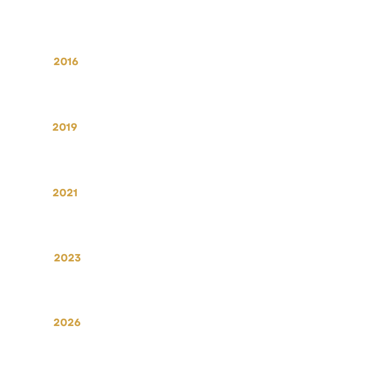 A timeline showing the history of a company from 2016 to 2026. Key milestones include founding in 2016, expanding into large public events in 2019, opening a London office in 2021, introducing full event management services in 2023, and opening a Riyadh office in 2026.