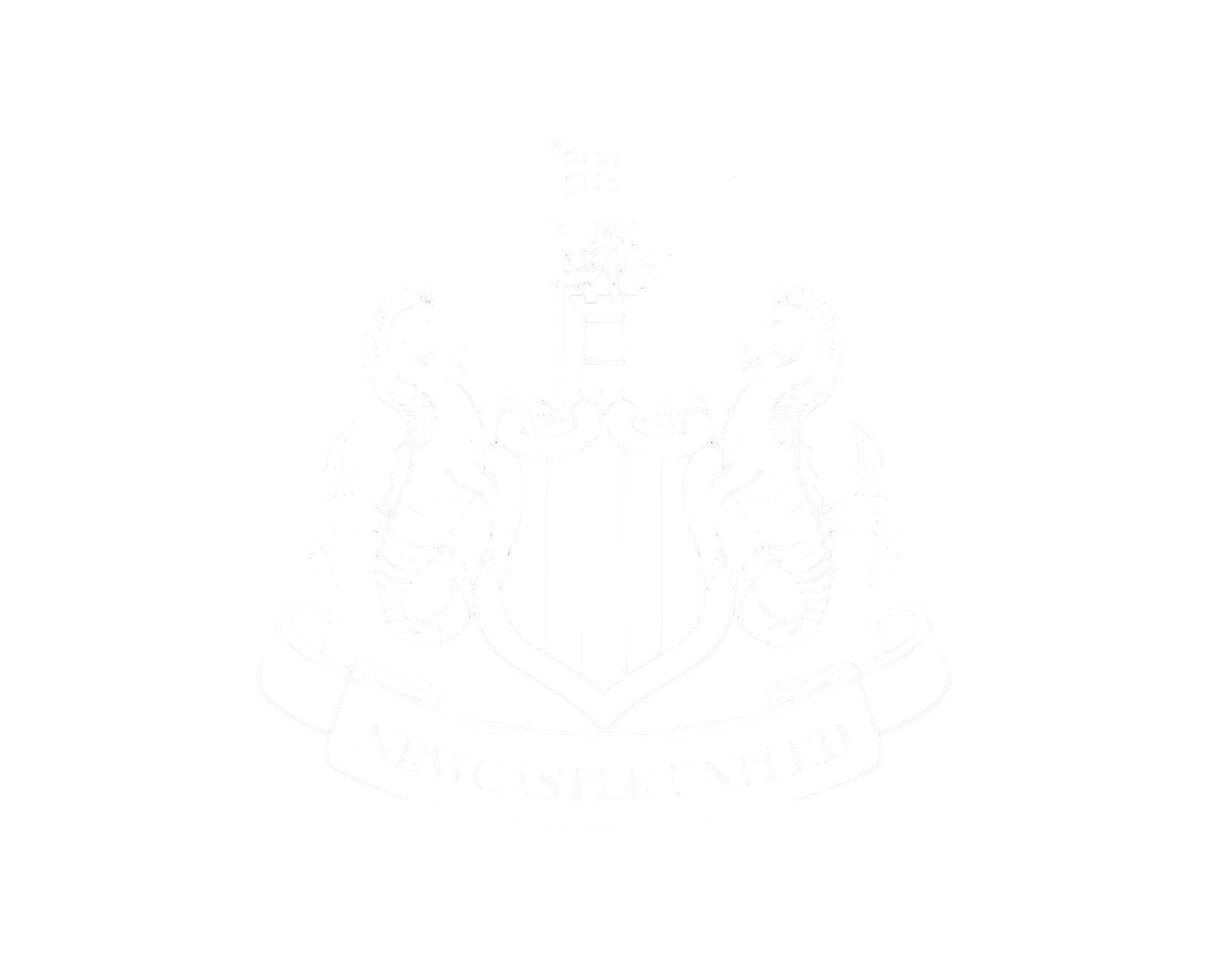 Black background with a white crest featuring two seahorses, a shield, a castle with a flag, and a ribbon below reading 'Newcastle United'.