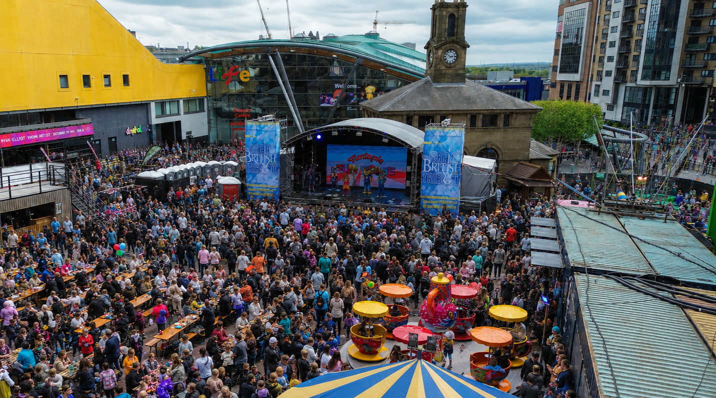 Crowd gathered at an outdoor festival with a stage, amusement rides, and carnival games, in front of a yellow and glass building with the word 'Life' on it, under a cloudy sky.