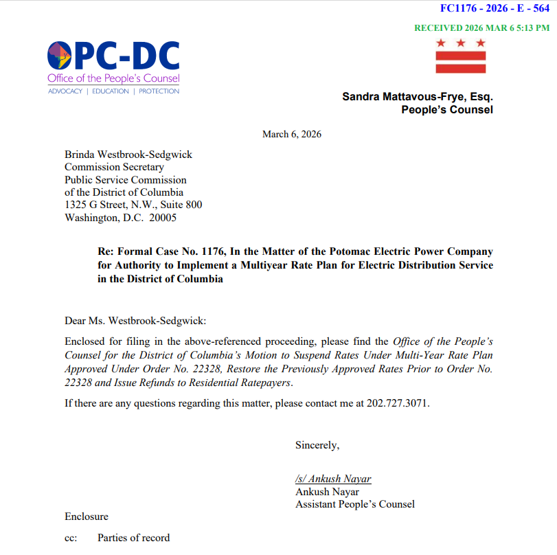 OPC files formal motion to bring down rates following court decision to overturn PSC’s approval of Pepco rate hike