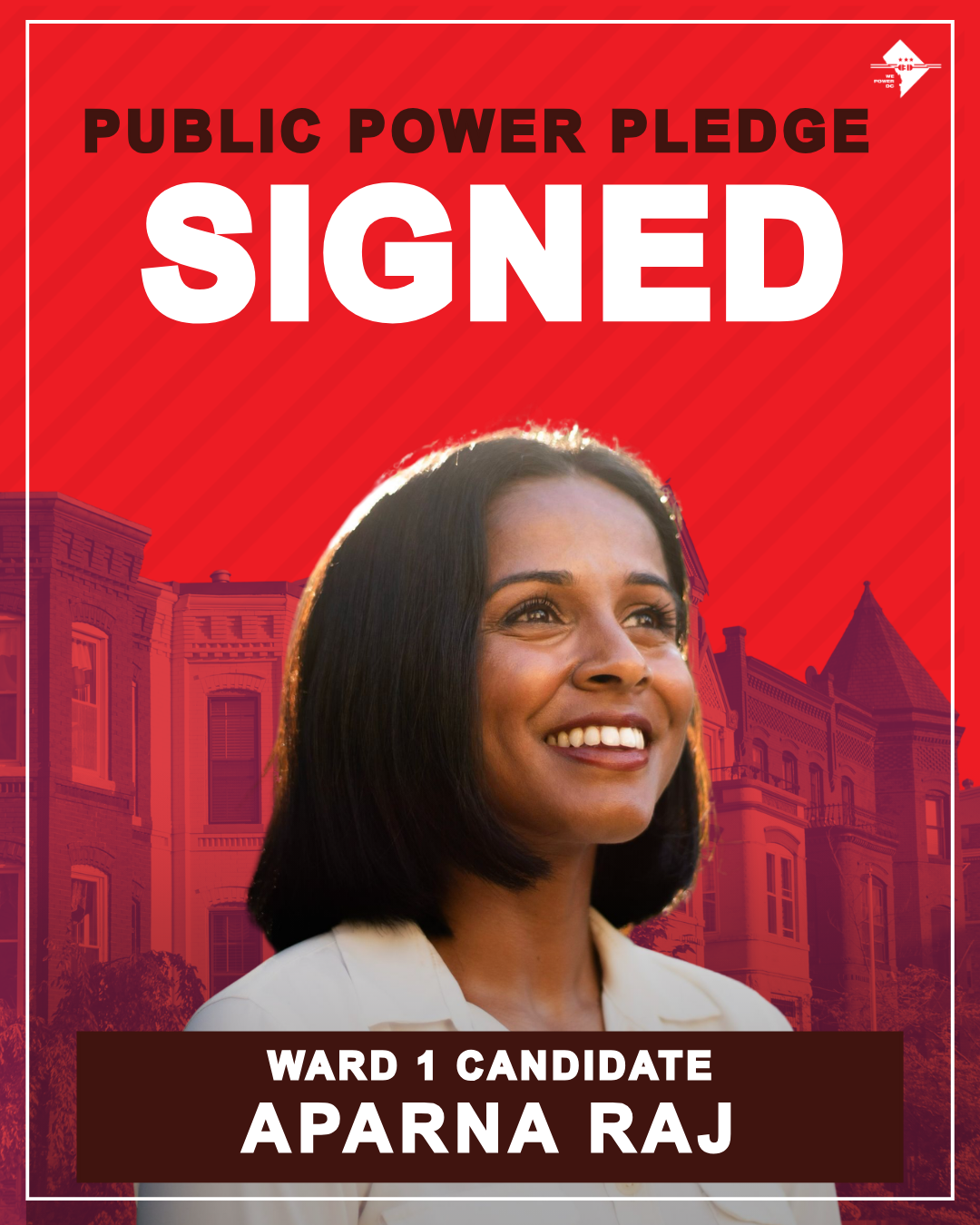 Aparna Raj (Ward 1 Candidate) signs the Public Power Pledge