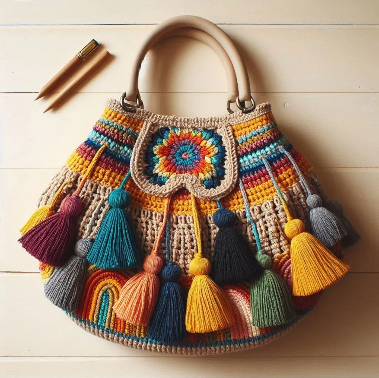 Colorful crocheted handbag with tassels and a floral pattern on a wooden surface, accompanied by two wooden pens.