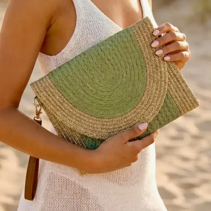 Half Moon Flap Woven Straw Clutch Bag