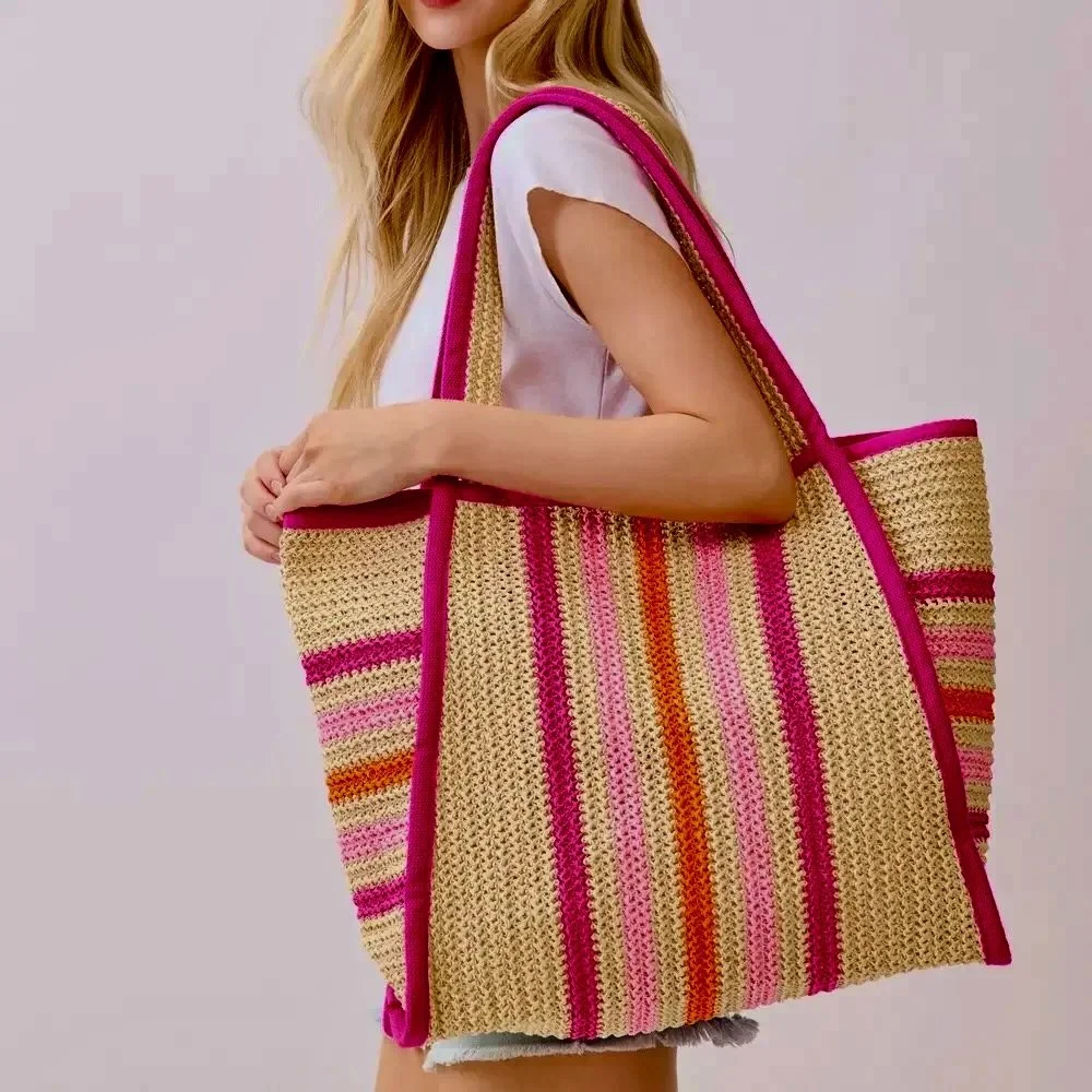Oversized Striped Straw Braided Tote Bag