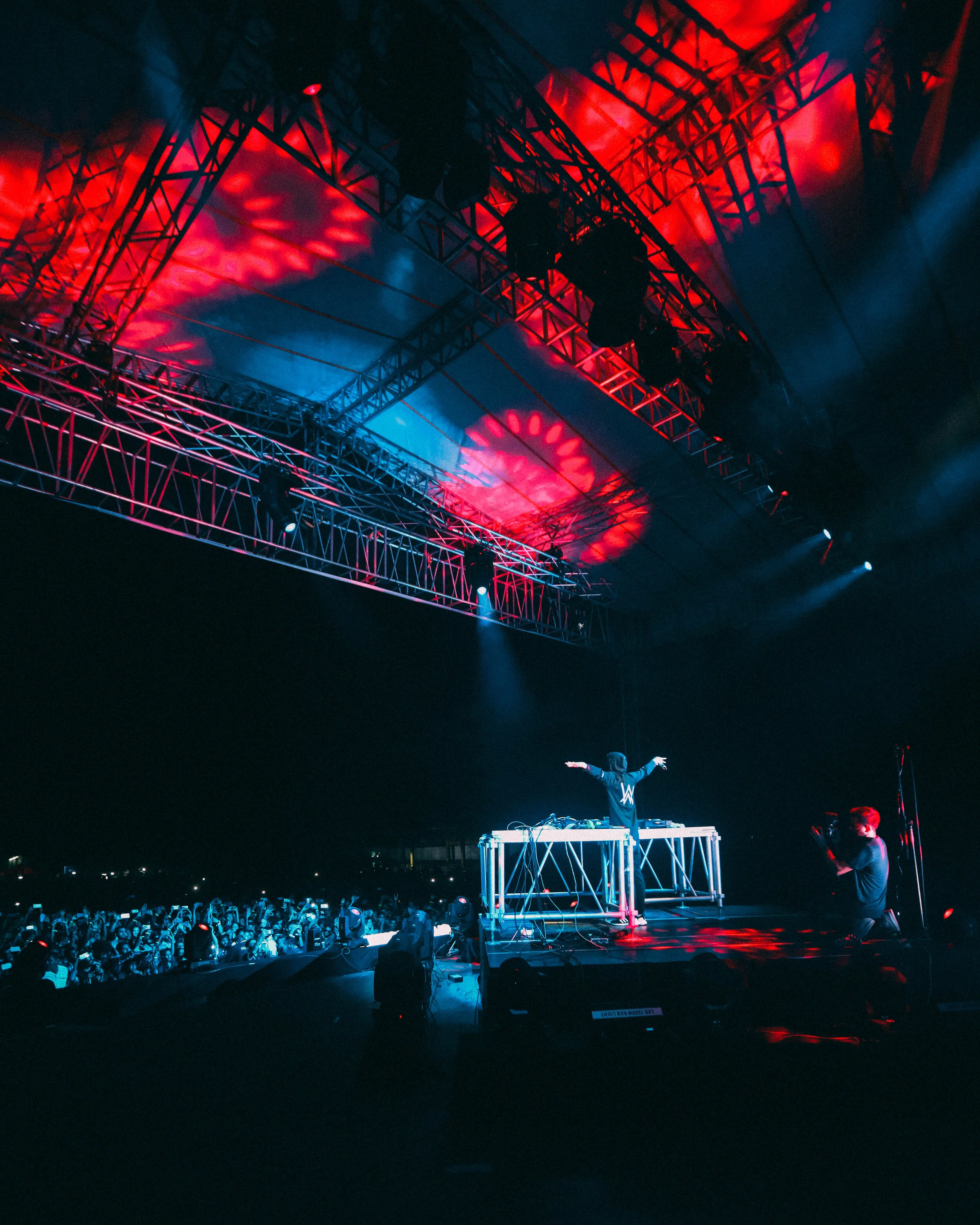DJ performing on stage with arm outstretched, crowd watching, blue and red stage lighting, large open indoor venue.