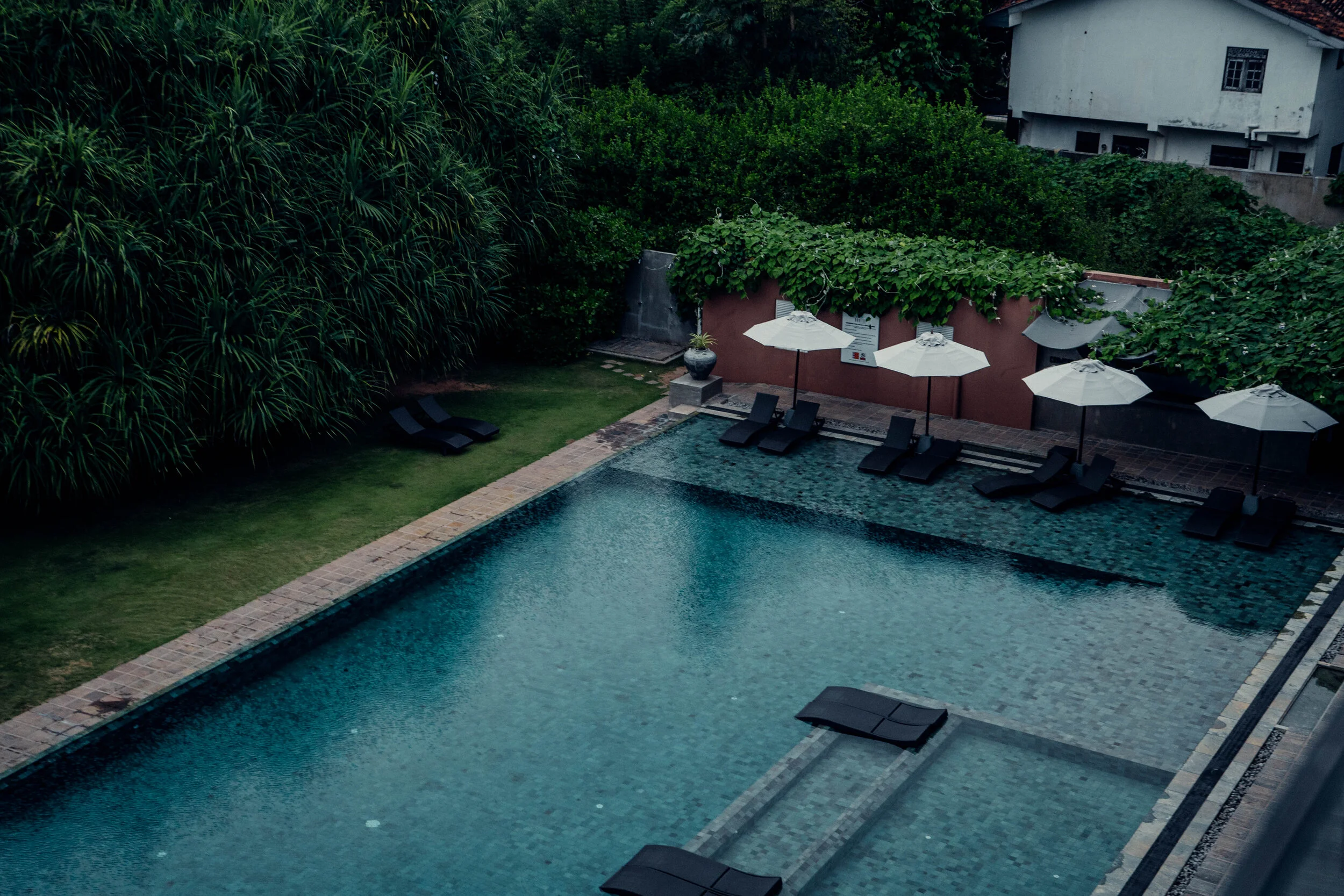 A swimming pool area with four lounge chairs under white umbrellas, surrounded by lush greenery and a small red building with climbing plants.