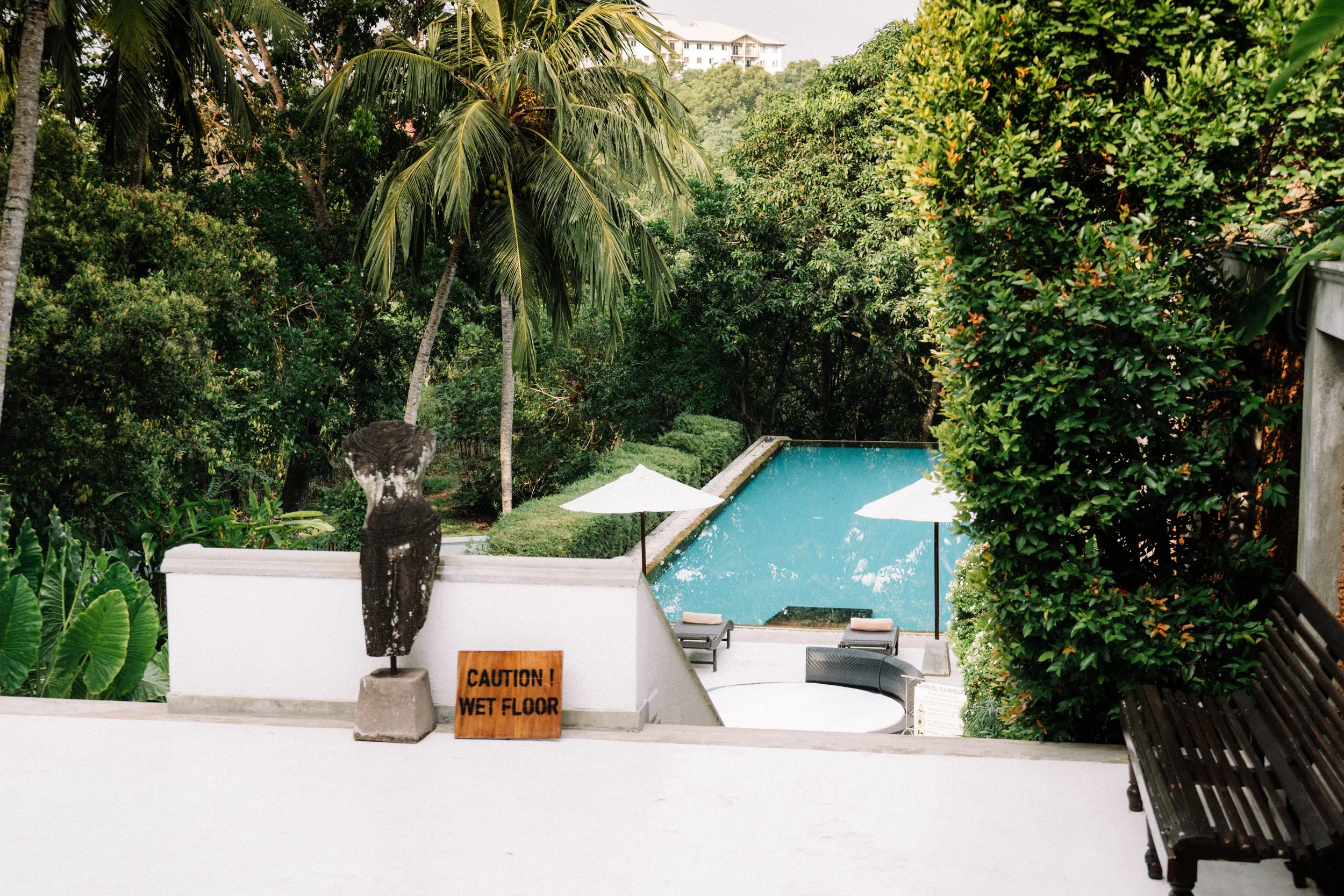 View of a swimming pool surrounded by lush green tropical plants and trees, with two umbrellas and lounge chairs, a wooden bench on the right, and a caution sign on the white wall that reads "Caution! Wet Floor".