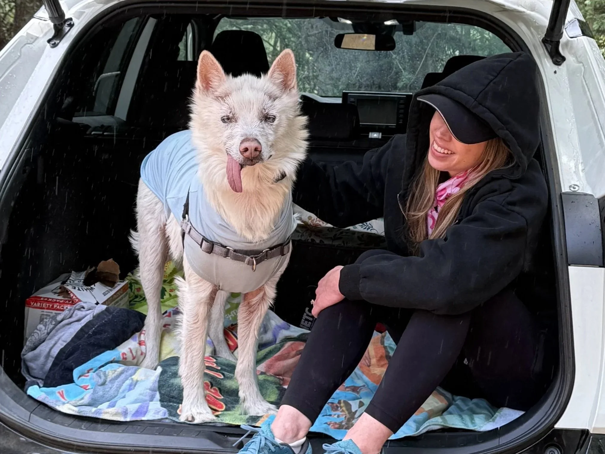 A woman and a husky dog sitting in the open trunk of a car on a rainy day. The woman is wearing a black hooded jacket and smiling, while the dog is wearing a blue shirt and has its tongue out.