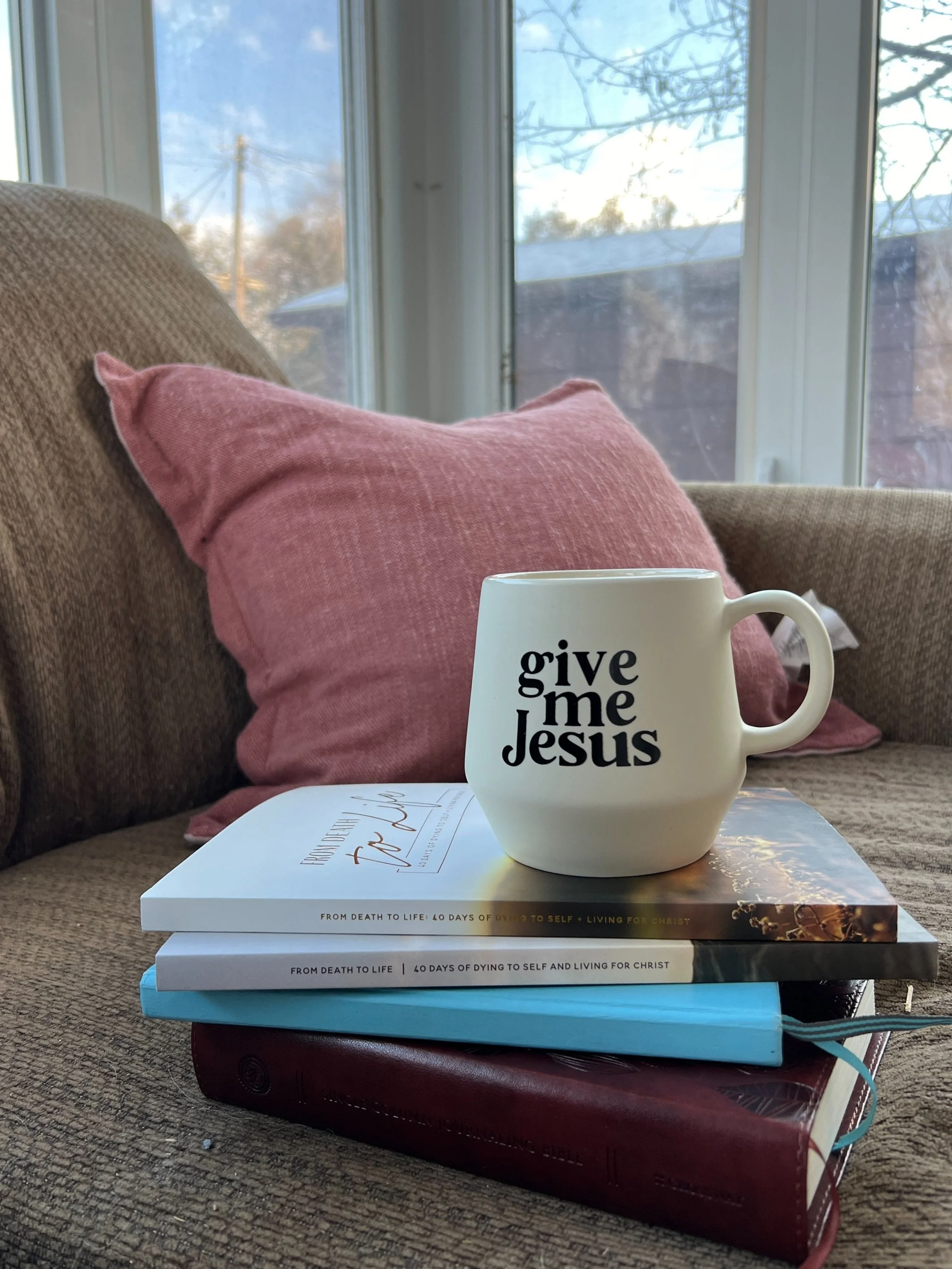 A stack of books on a table, with a white mug that has the words 'give me Jesus' printed on it, placed on top of the books. There is a pink pillow and a beige sofa in the background, with a window showing trees and sky outside.