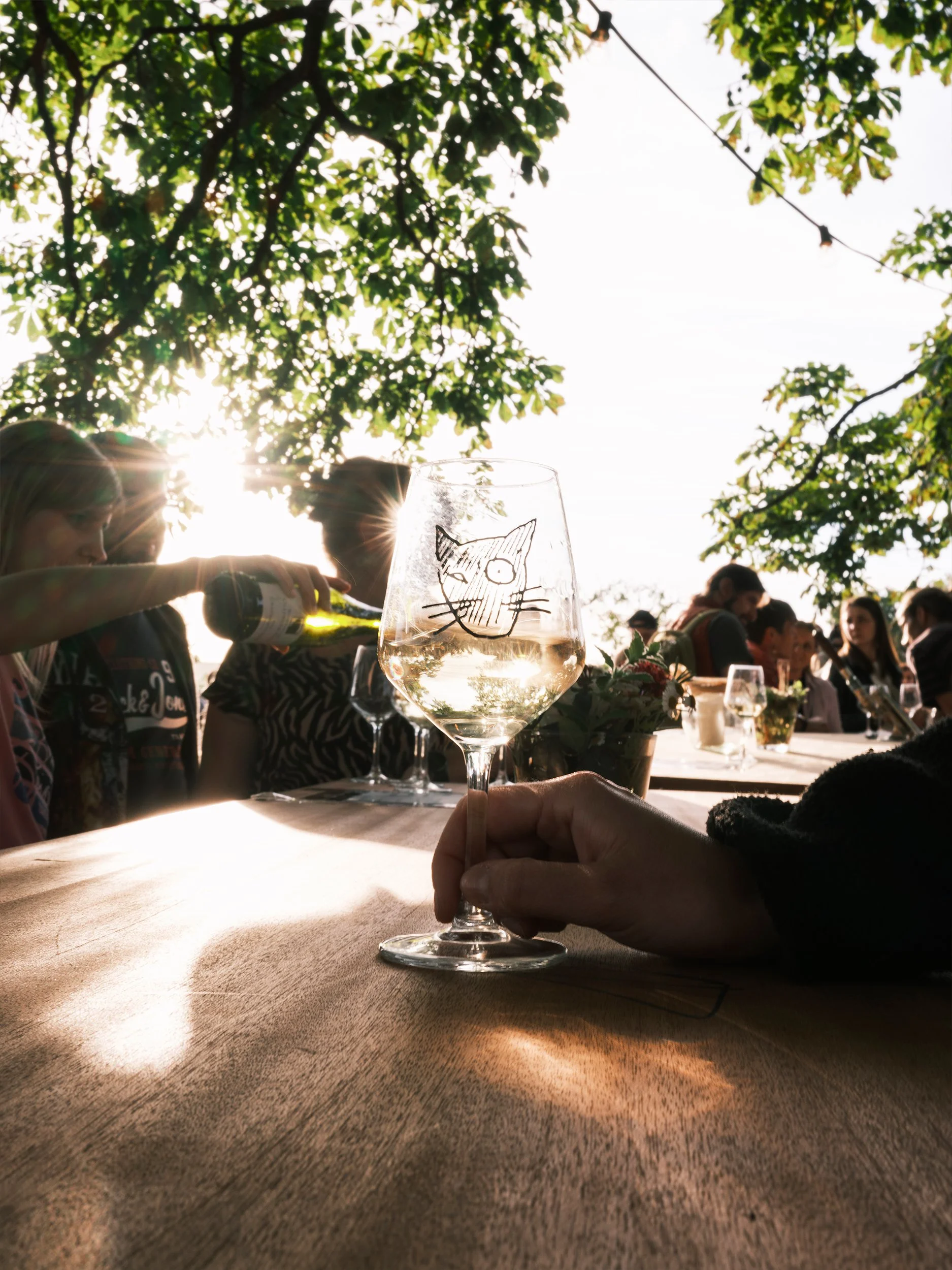 Weinglas mit aufgemaltem Katzenmotiv im Gegenlicht, dahinter eine sommerliche Festtafel.