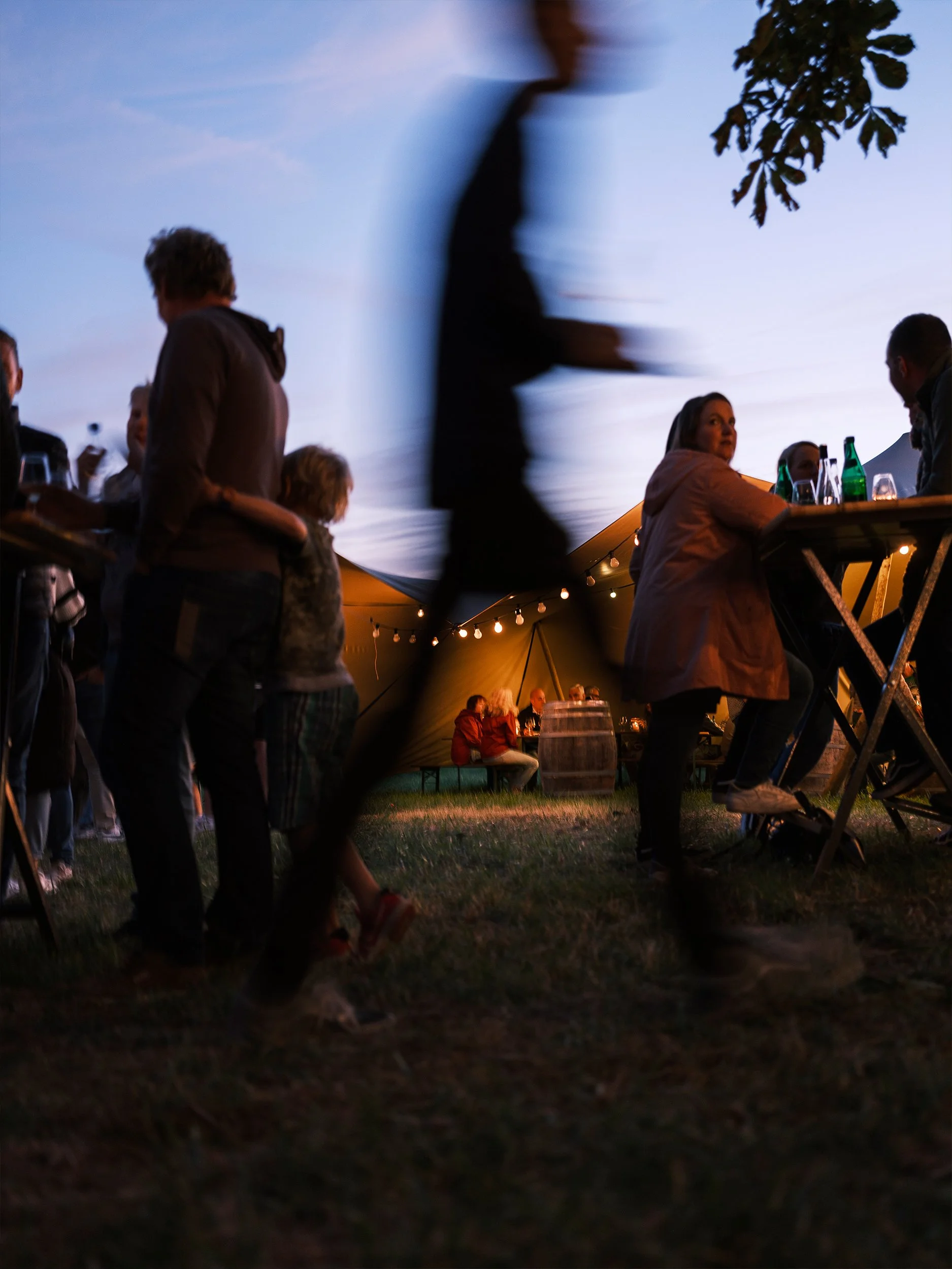 Abendliche Weinveranstaltung im Freien zur blauen Stunde mit Lichterketten und Zeltbar.