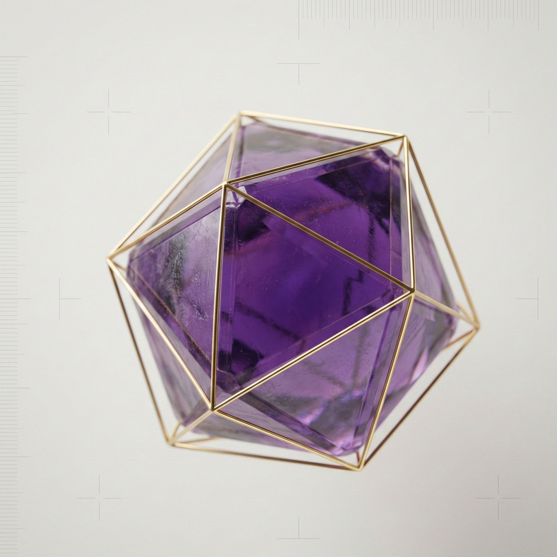 Close-up of a geometric glass sculpture with purple interior, framed by a metallic wireframe structure.