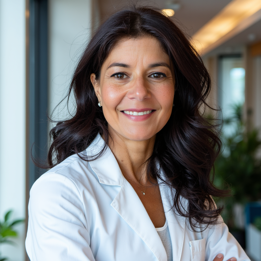 A smiling woman with dark wavy hair wearing a white lab coat indoors with natural light and green plants in the background.