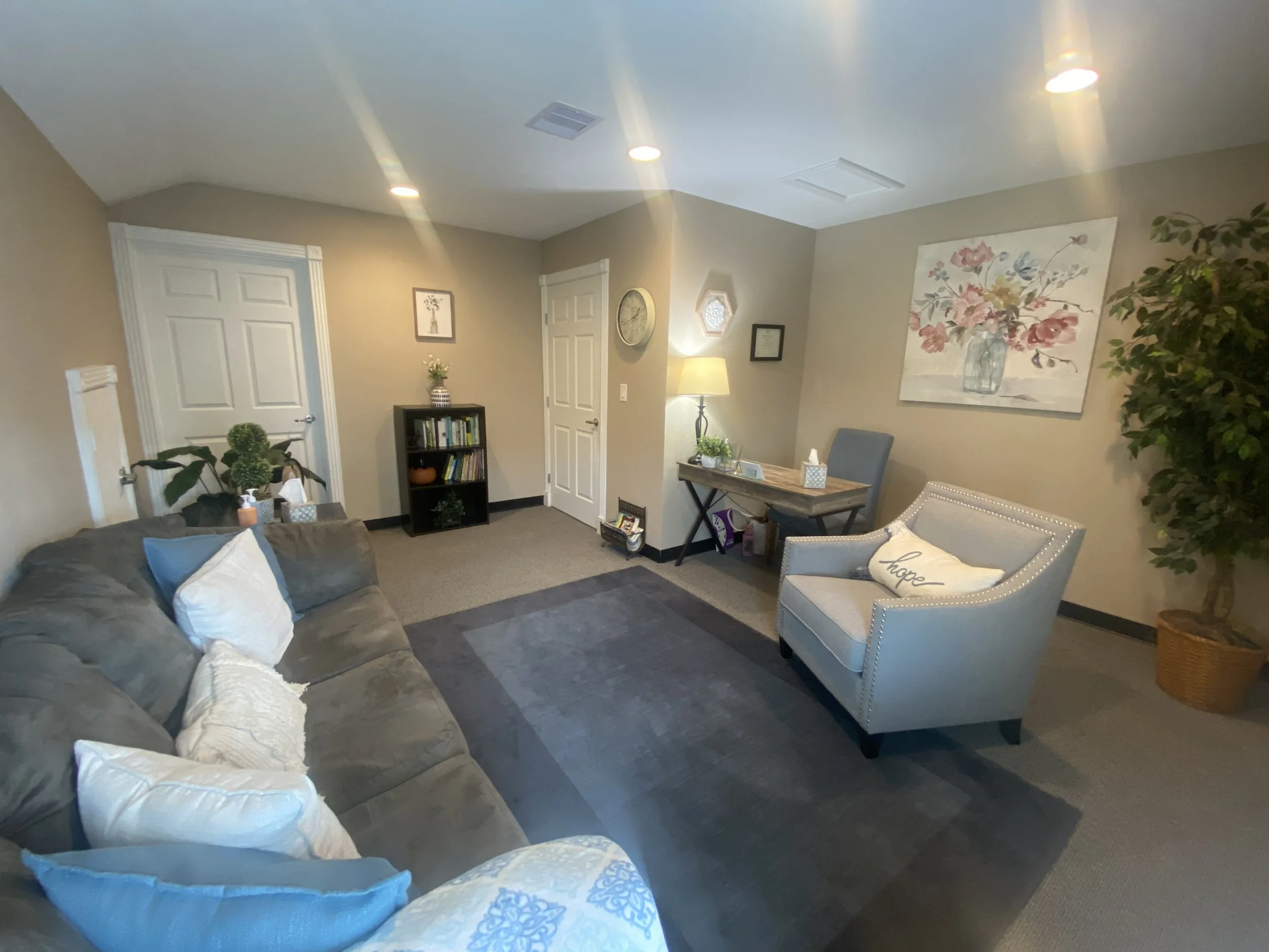 Cozy living room with beige walls, gray sofa with white pillows, light blue armchair with a pillow reading 'hope', dark-colored area rug, small black bookshelf, large wall art of pink flowers, potted plant, wooden desk with a lamp, framed pictures, a
