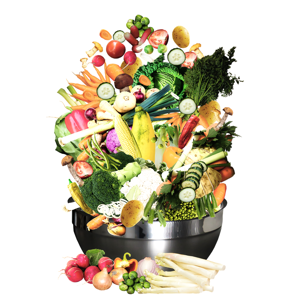 A large bowl filled with assorted fresh vegetables including cucumbers, carrots, lettuce, broccoli, cauliflower, tomatoes, peppers, leeks, asparagus, and potatoes.