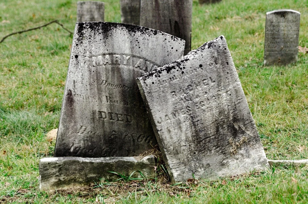 Two old, weathered grave markers leaning against each other in a grassy cemetery, with more grave markers visible in the background.