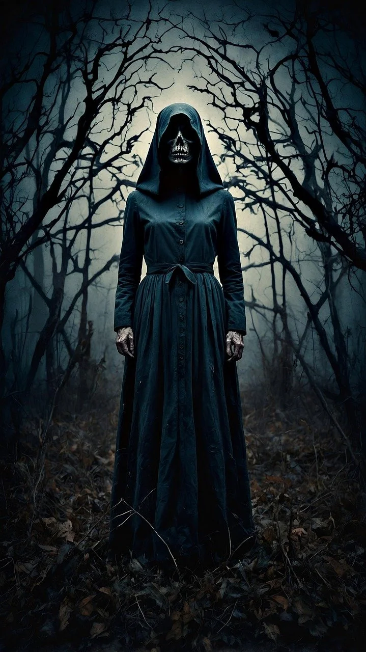 A figure dressed as grim reaper with a skull face, wearing a black hooded dress, standing in a dark, foggy forest with leafless trees.