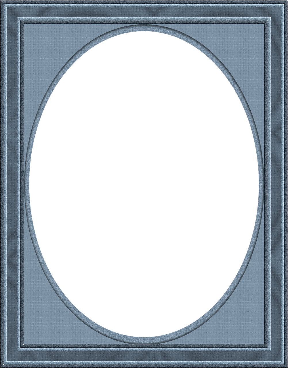 A blank, empty blue photo frame with an oval opening.