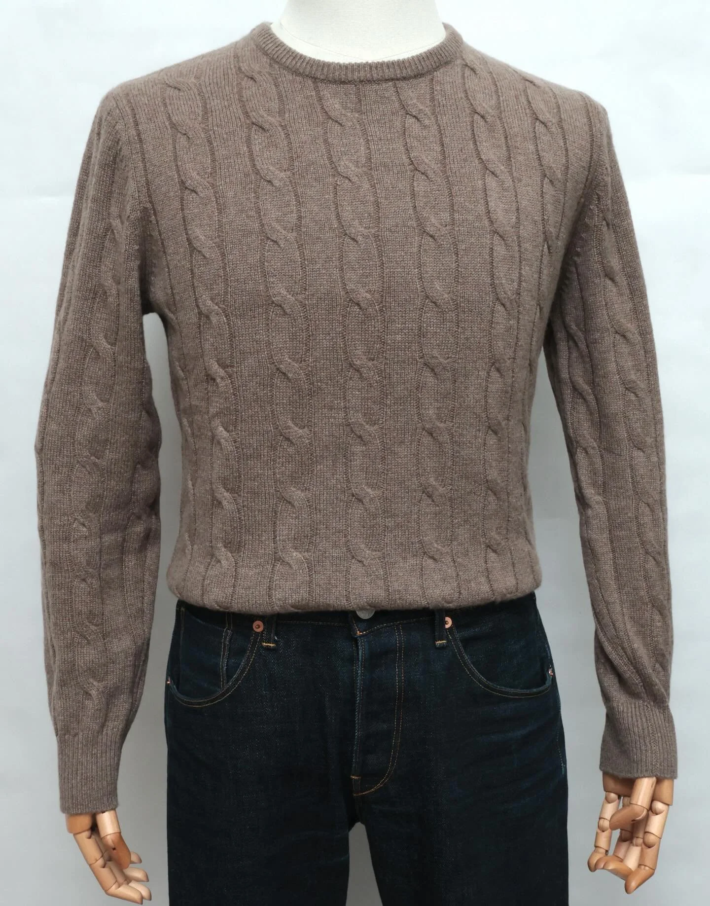 CableKnit Sweater made using Loro Piana Cashmere, color is Warm Taupe. MTM and 1 of 1