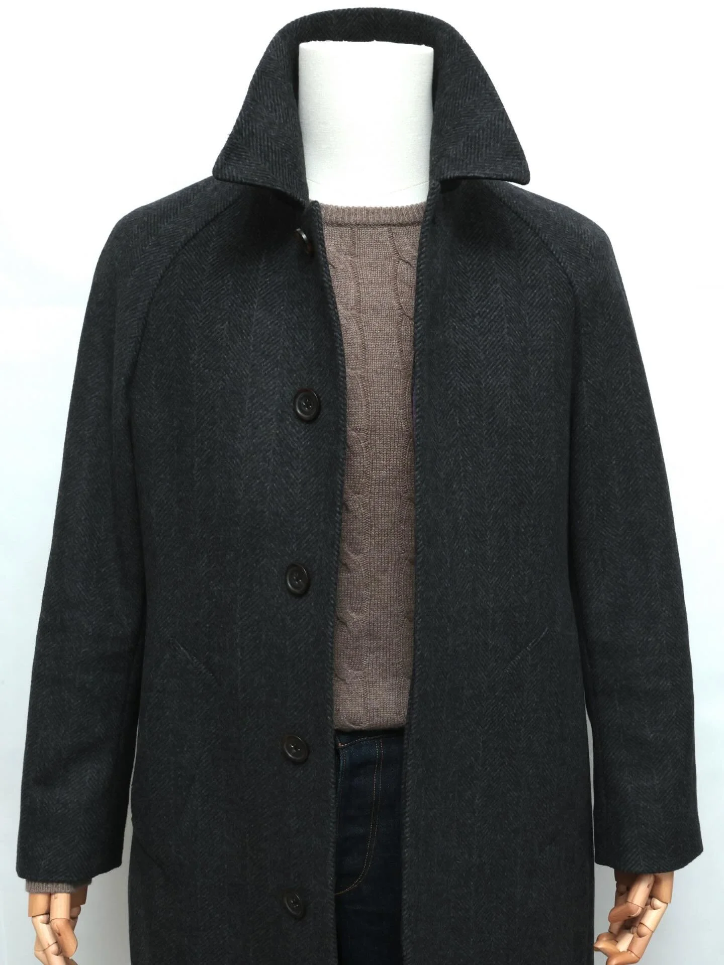 Herringbone Raglan coat in Cashmere. Details include brown horn buttons, purple cupro lining with white stitch piping, and white monogram. 1 of 1