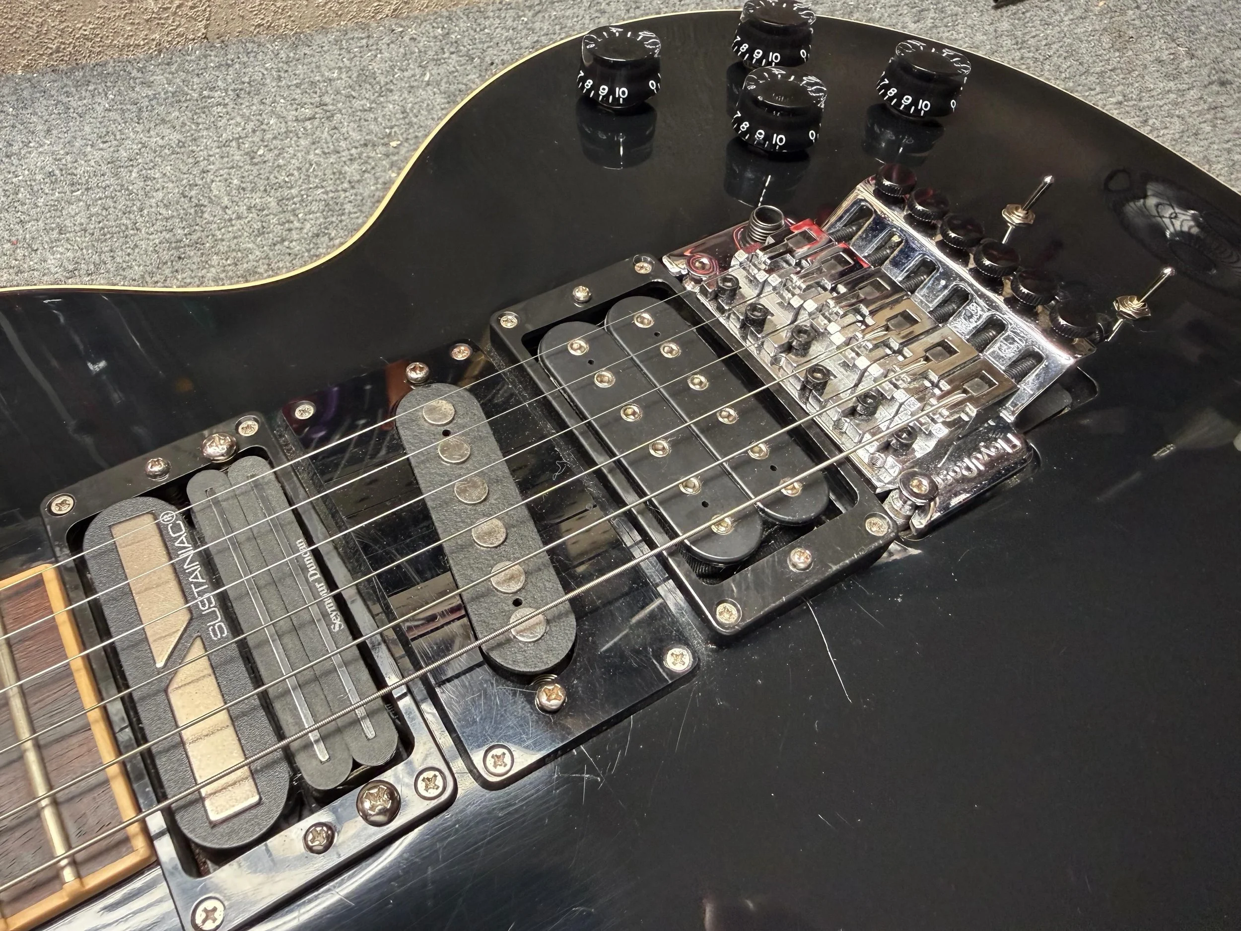 Are you tired of having a boring guitar?
//
Custom wiring ready for your axe. Sustaniac for endless sustain. An actual neck pickup when the sustaniac is off.
All 3 pickups and any possible combination including coil splitting.Strat quack included. 13