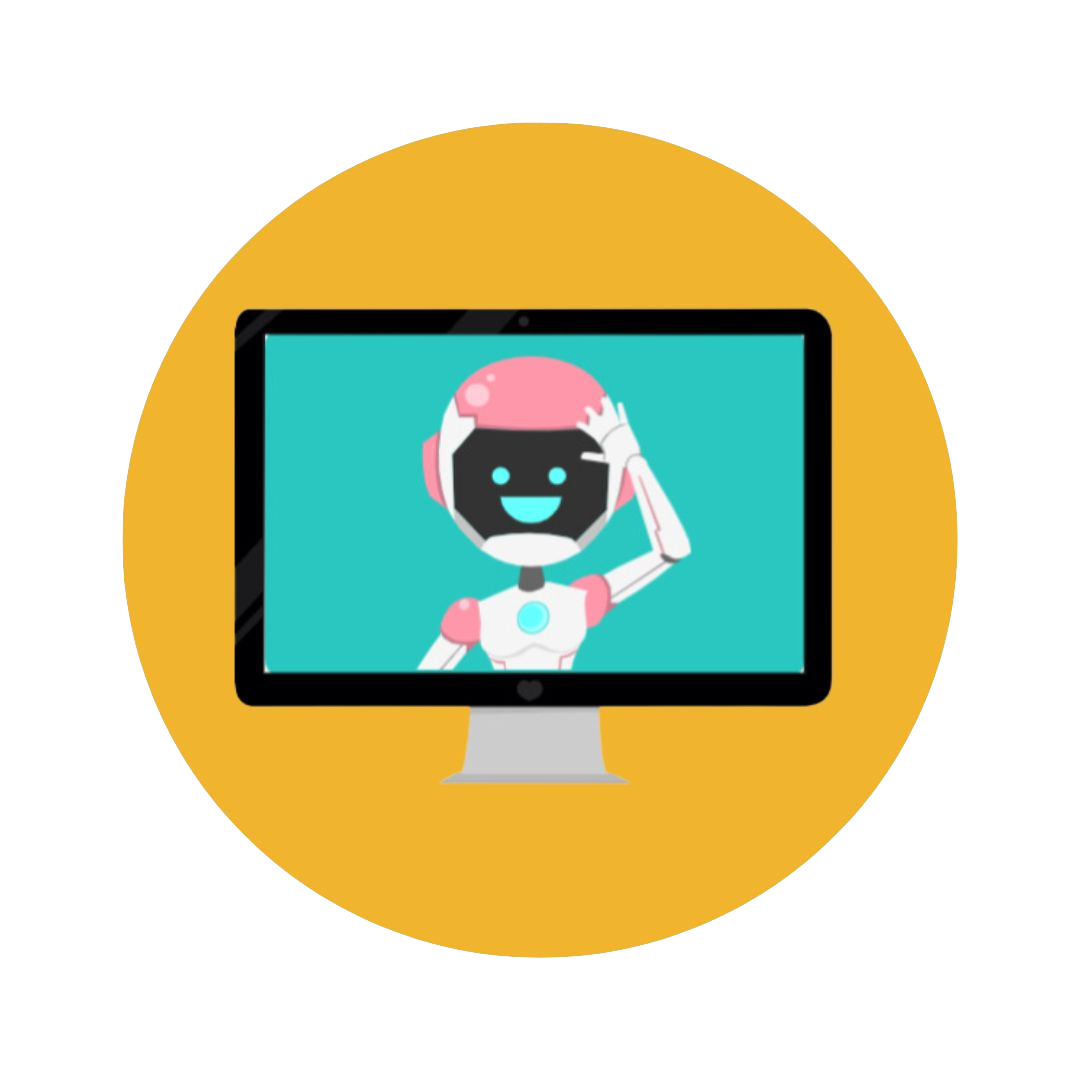 A smiling robot waves at the viewer through a computer.