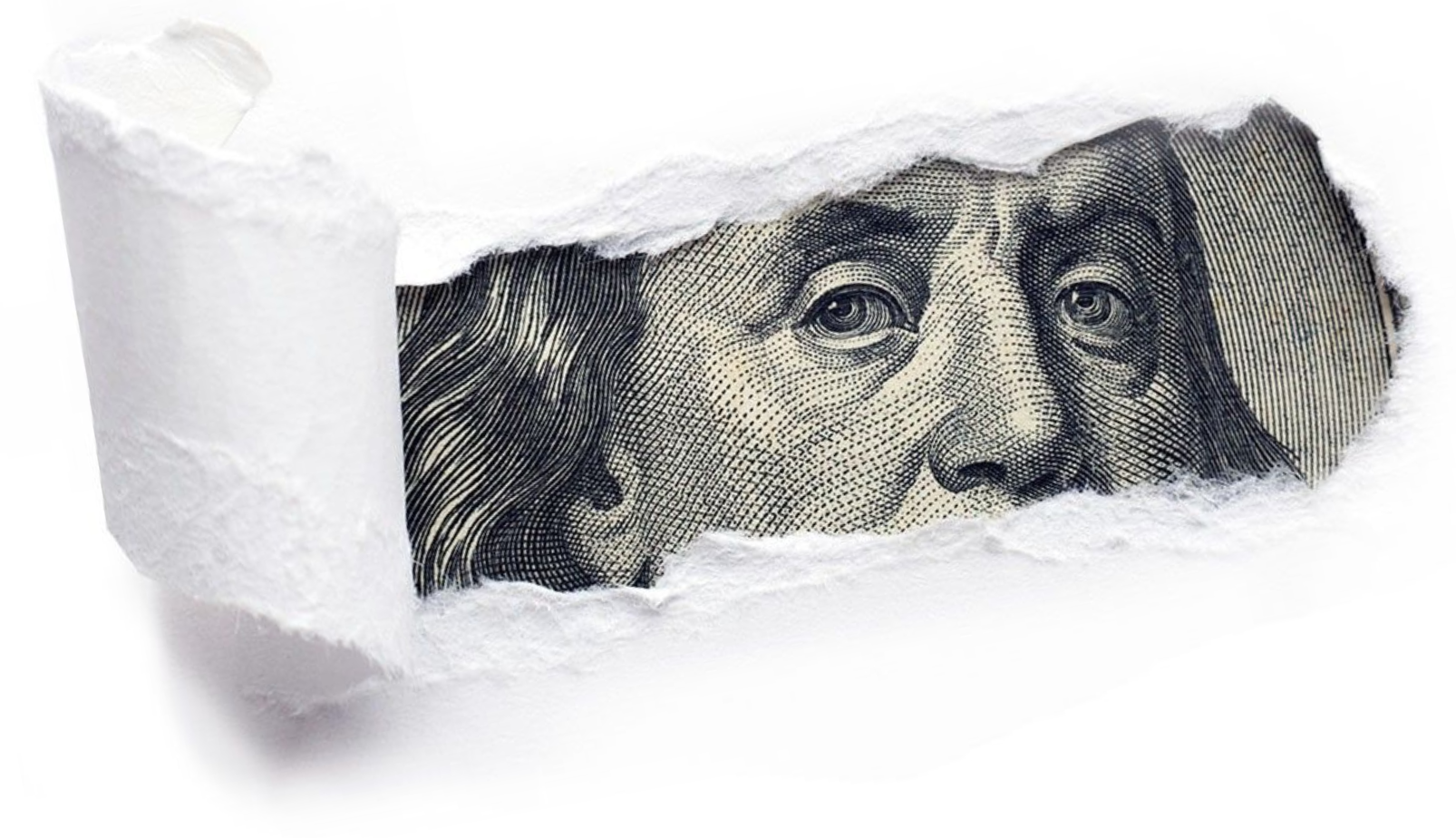 A torn piece of white paper revealing a close-up of a US dollar bill with Benjamin Franklin's face.