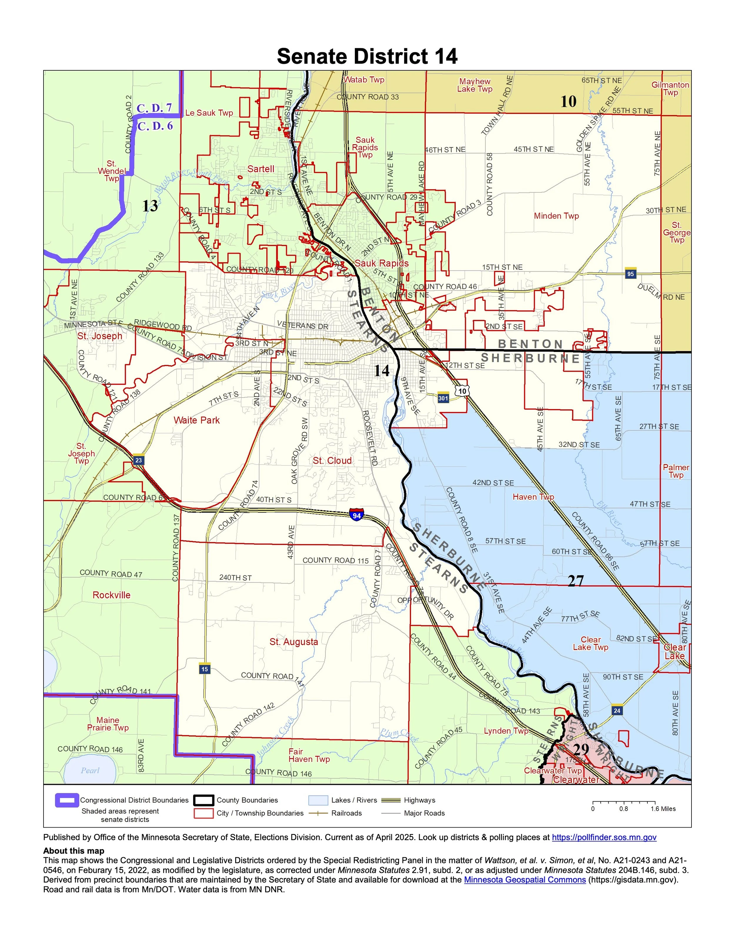 Map of Senate District 14 in Minnesota, showing county boundaries, congressional district lines, lakes, highways, and major roads with labels for cities and towns.