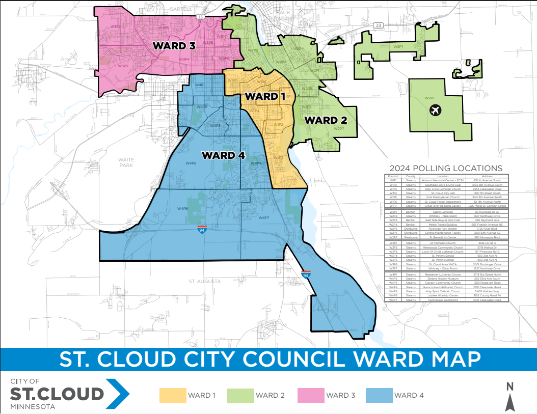 Map of wards and precincts in St. Cloud, MN - click link to view full PDF