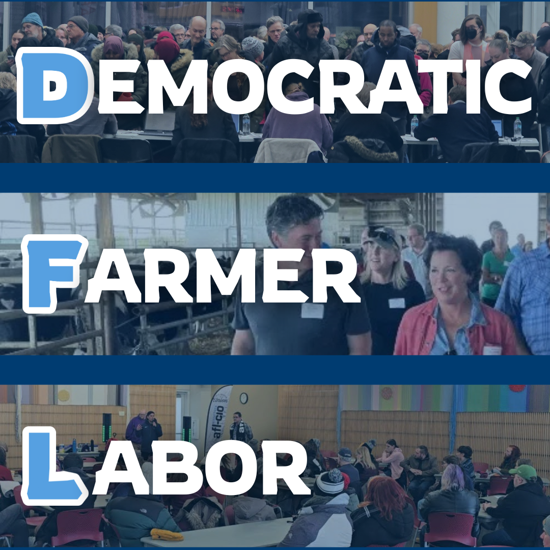 Collage of three photos with overlaid text: 1) Democratic at a political event with people gathered around tables; 2) Farmer at an agricultural fair with people walking in a barn or farm setting; 3) Labor in a conference room with attendees listening to a speaker.