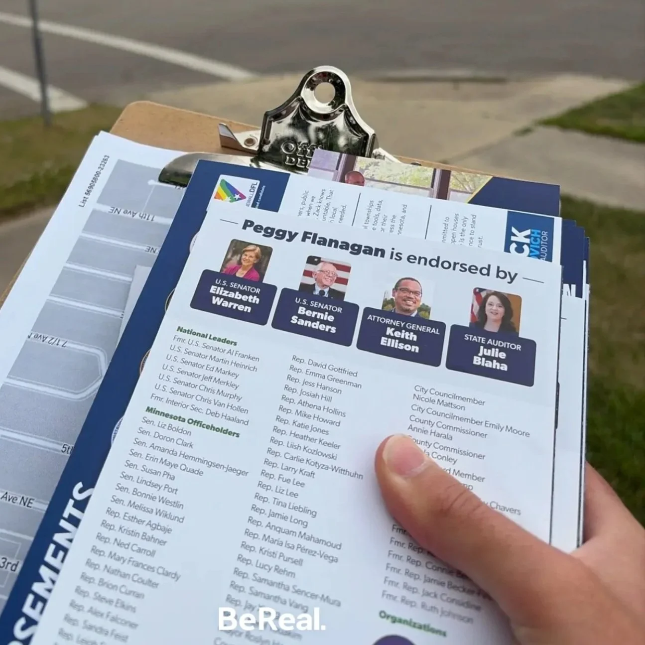 A canvassing clipboard showing a sheet that outlines all the individuals who have endorsed Peggy Flanagan for US Senate
