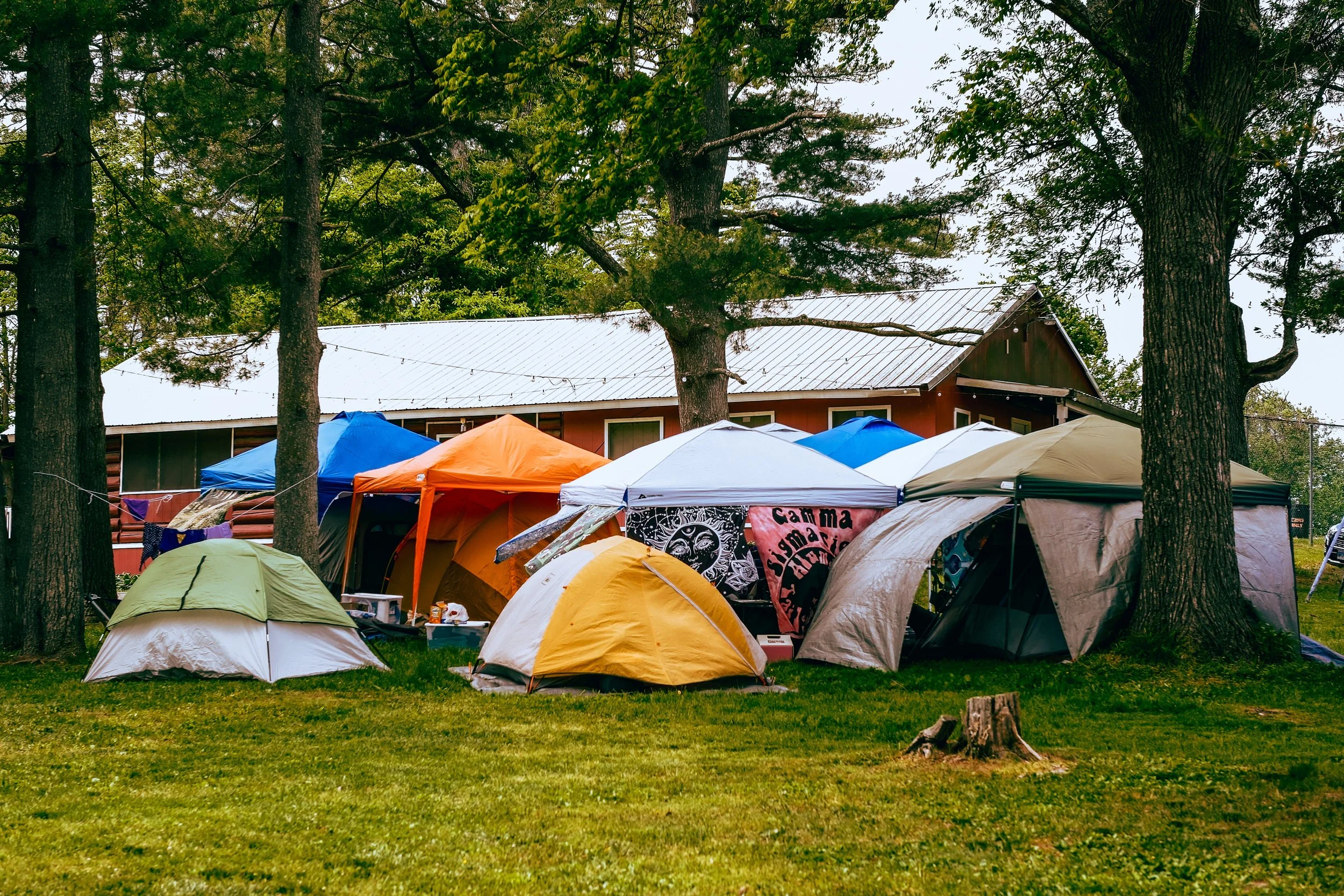 Showcation 2026 Tent Lands camping A gathering of tents in various colors set up outdoors in a grassy area under tall trees with green leaves. A red barn-like building with a metal roof is in the background, partially obscured by the tents and trees.