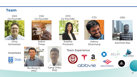 Slide showing team members and their roles: Chris Schweitzer (CEO, Co-Founder), JoAnn Tinker (CSO, Co-Founder), Swetha Puranam (CFO, Co-Founder), Vishnu Dharmaraj (CTO), Aamish Rao (CRO). Inventors include Duke. Team experience logos include Harvard,