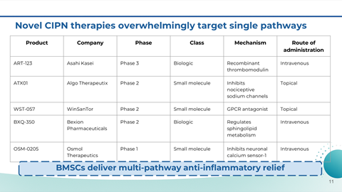 Table showing novel CIPN therapies targeting single pathways, including product names, companies, phases, classes, mechanisms, and routes of administration.