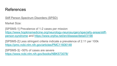 Text document with references to Stiff Person Spectrum Disorders, market size, and links to medical websites.