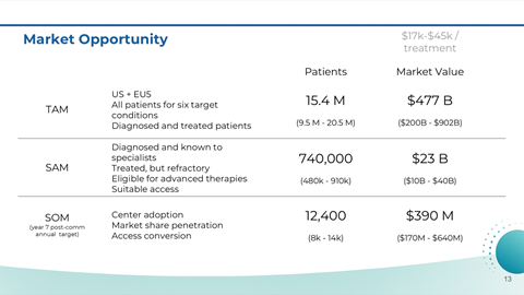 Market opportunity data for TAM, SAM, and SOM with patient numbers and market values for each category.
