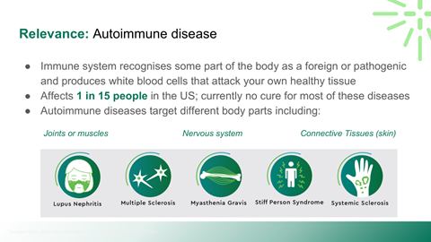 Diagram showing five autoimmune diseases: Lupus Nephritis, Multiple Sclerosis, Myasthenia Gravis, Stiff Person Syndrome, and Systemic Sclerosis, with icons representing the affected body parts or systems.