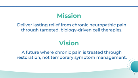 Slide with mission statement to deliver relief from chronic neuropathic pain through cell therapies, and vision statement for treating pain through restoration.