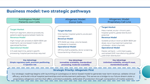 Diagram illustrating a business model with two strategic pathways: Autologous Model focusing on patients' own cells, and Allogeneic Model involving donor cells. Each pathway includes target market, revenue model, operational model, and key advantages