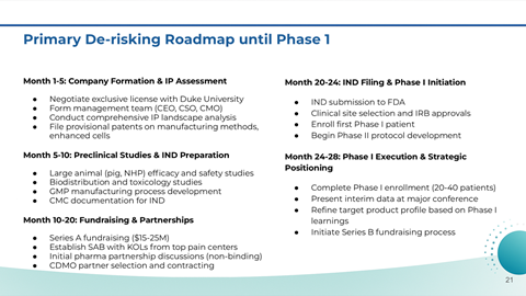 Roadmap outline titled 'Primary De-risking Roadmap until Phase 1' with tasks scheduled over months 1-20, including company formation, validation studies, fundraising, IND filing, and phase 2 execution.